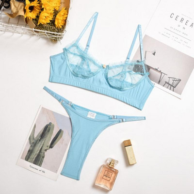 Set de lenjerie din dantelă din plasă pentru femei 2 bucăți Sutien G-String & Lenjerie Set de bralette transparent Lenjerie de corp sexy Set sutien fără sudură