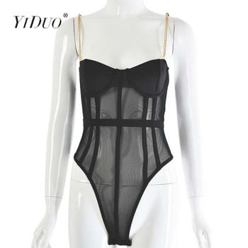 YiDuo Metal Chain Spaghetti Strap Mesh Sexy Bodysuit Дамски прозрачни кльощави гащеризони Дамски нощен клуб без гръб Черни бодита