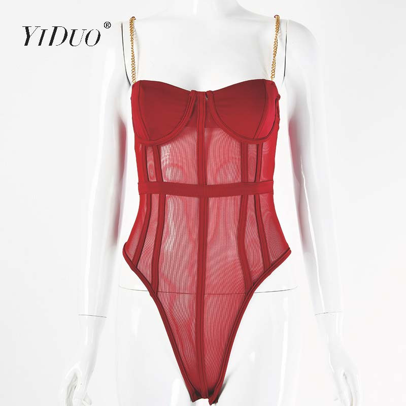 YiDuo Metal Chain Spaghetti Strap Võrgusilmast Seksikas Bodysuit Naistele Läbipaistev kõhn Rompers Naiste seljata ööklubi mustad bodid