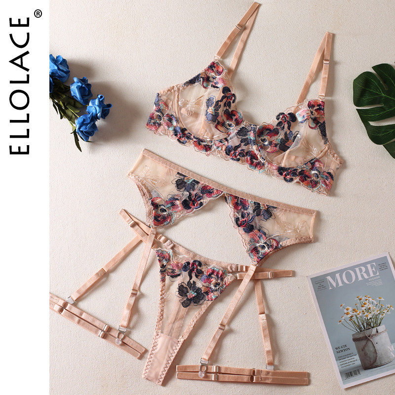 Ellolace Fancy εσώρουχα Floral εσώρουχα 5 τεμαχίων διαφανή δαντέλα intimate πολυτελείας Push Up Σετ εσώρουχα καλτσοδέτα Σέξι ρούχα