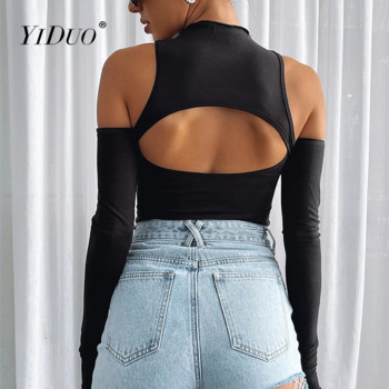 YiDuo Fashion Σέξι Μαύρο Φορμάκι Γυναικείο Κομμένο Πίσω από τον ώμο Μακρυμάνικο μπλουζάκι Bodycon Streetwear Γυναικείες φόρμες