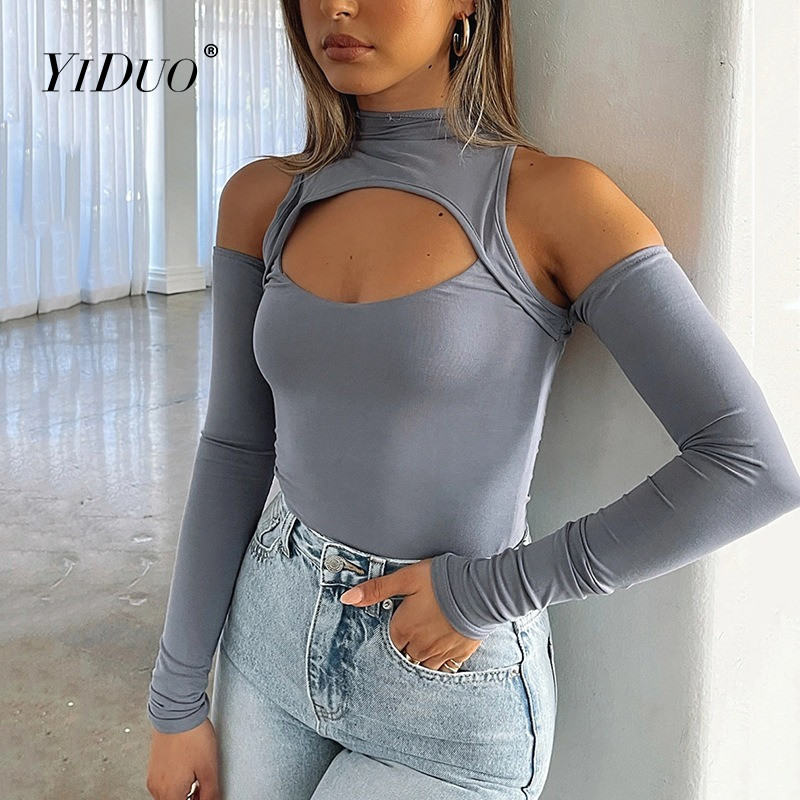 YiDuo modni seksi crni bodi ženski izrezani ženski kombinezoni bez leđa i spuštenih ramena, dugih rukava i kratkih rukava, ženski kombinezoni