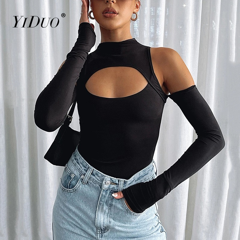 YiDuo modni seksi crni bodi ženski izrezani ženski kombinezoni bez leđa i spuštenih ramena, dugih rukava i kratkih rukava, ženski kombinezoni