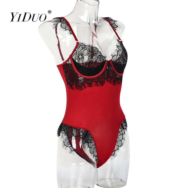 YiDuo Sexy Dantela Body Femei Bodycon Salopete Fără mâneci Volane Femei Body Top Transparent Patchwork Salopete Body Club