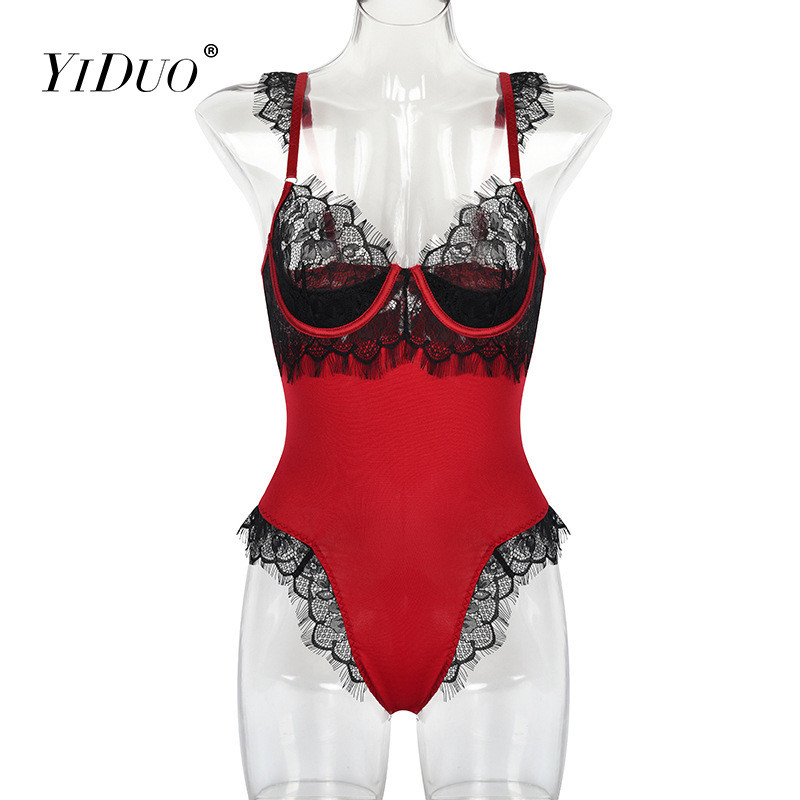 YiDuo Sexy Dantela Body Femei Bodycon Salopete Fără mâneci Volane Femei Body Top Transparent Patchwork Salopete Body Club