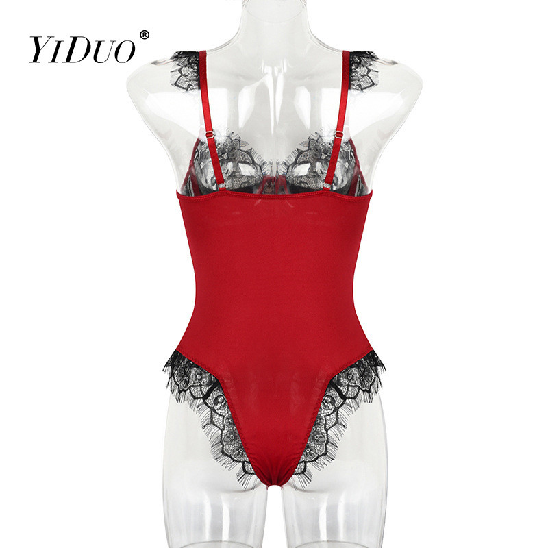 YiDuo Sexy Dantela Body Femei Bodycon Salopete Fără mâneci Volane Femei Body Top Transparent Patchwork Salopete Body Club