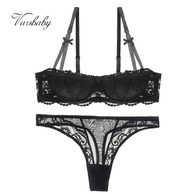 Varsbaby Sexy Dantela Floral Jumătate de Cupă Lenjerie Intima Subțire Aduna Sutien Femei+Thong 2Buc Seturi Lenjerie