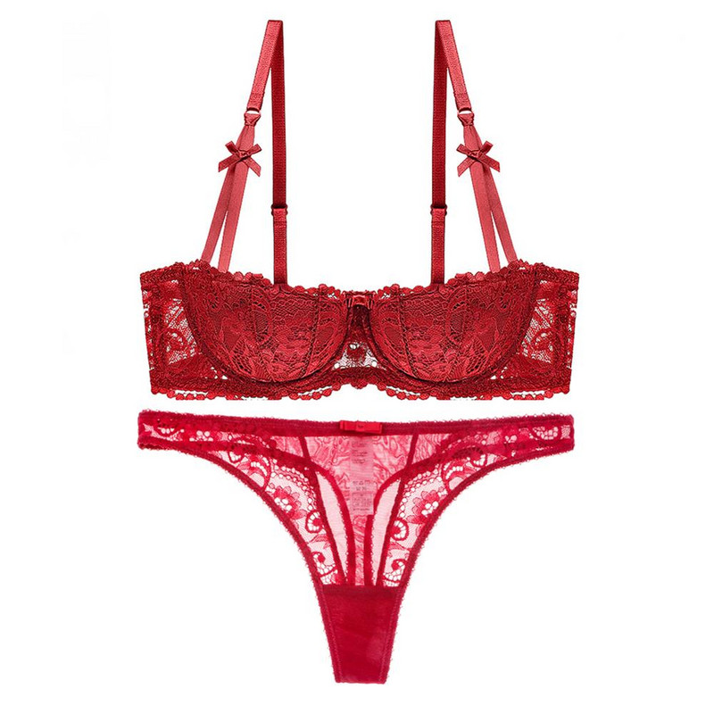 Varsbaby Sexy Dantela Floral Jumătate de Cupă Lenjerie Intima Subțire Aduna Sutien Femei+Thong 2Buc Seturi Lenjerie