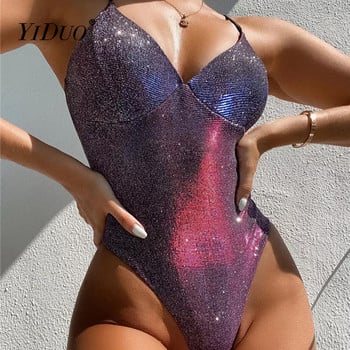 YiDuo Sexy Glitter Bodycon Bodysuits Women Body Top Fashion Club Wear Лято 2022 Spaghetti Strap Slim Body костюми Гащеризони Парти