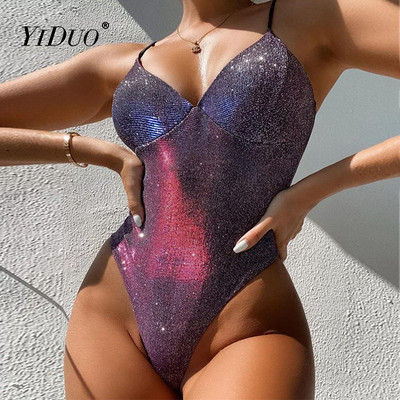 YiDuo Sexy Glitter Bodycon Bodysuits Women Body Top Fashion Club Wear Лято 2022 Spaghetti Strap Slim Body костюми Гащеризони Парти