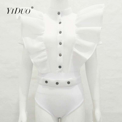 Body negru cu mânecă scurtă cu volane YiDuo, pentru vacanță, 2019, salopete combinate, sexy din plasă