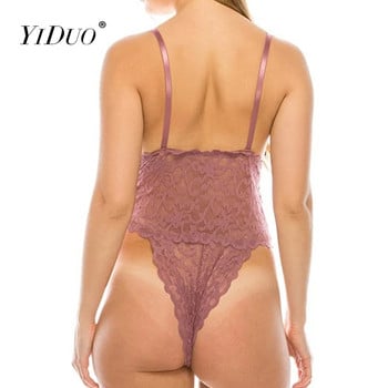 YiDuo Women Lace Babydoll Lingerie See Through Bandage Sexy Bodysuit Fashion Streetwear Club Party Body Top Femme Розови бодита