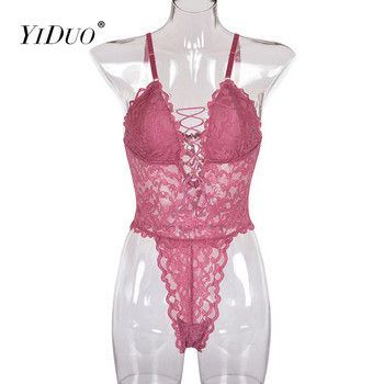 YiDuo Women Lace Babydoll Lingerie See Through Bandage Sexy Bodysuit Fashion Streetwear Club Party Body Top Femme Розови бодита