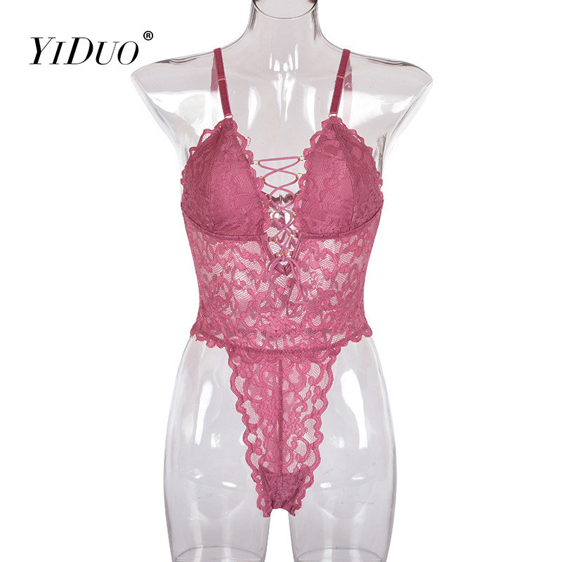 YiDuo Femei Dantela Babydoll Lenjerie Transparentă Bandaj Body Sexy Moda Streetwear Club Party Body Top Femeie Body Roz