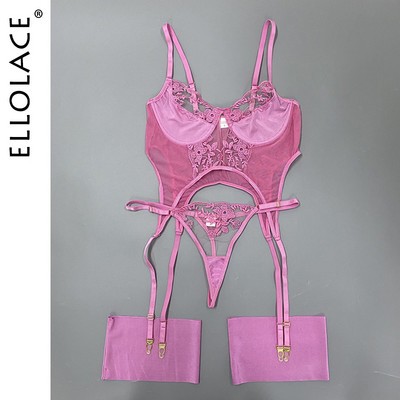 Ellolace Lenjerie de lux Sexy Dantela Lenjerie delicată Seturi de 3 piese Push Up Erotic Bilizna See Through Fantastică ținută de broderie