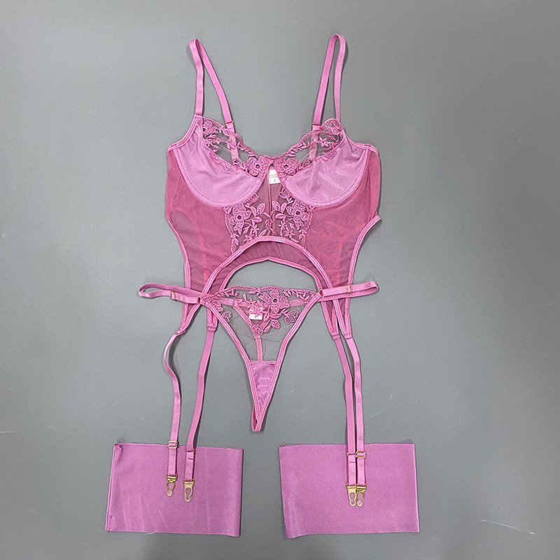 Ellolace Lenjerie de lux Sexy Dantela Lenjerie delicată Seturi de 3 piese Push Up Erotic Bilizna See Through Fantastică ținută de broderie