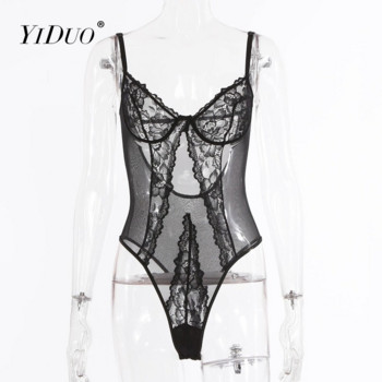 YiDuo 2022 Νέα γυναικεία εξώπλατα κορμάκια Clubwear Μαύρα κορμάκια από διχτυωτές φόρμες Slim V-Neck See Through Γυναικείες σέξι φόρμες