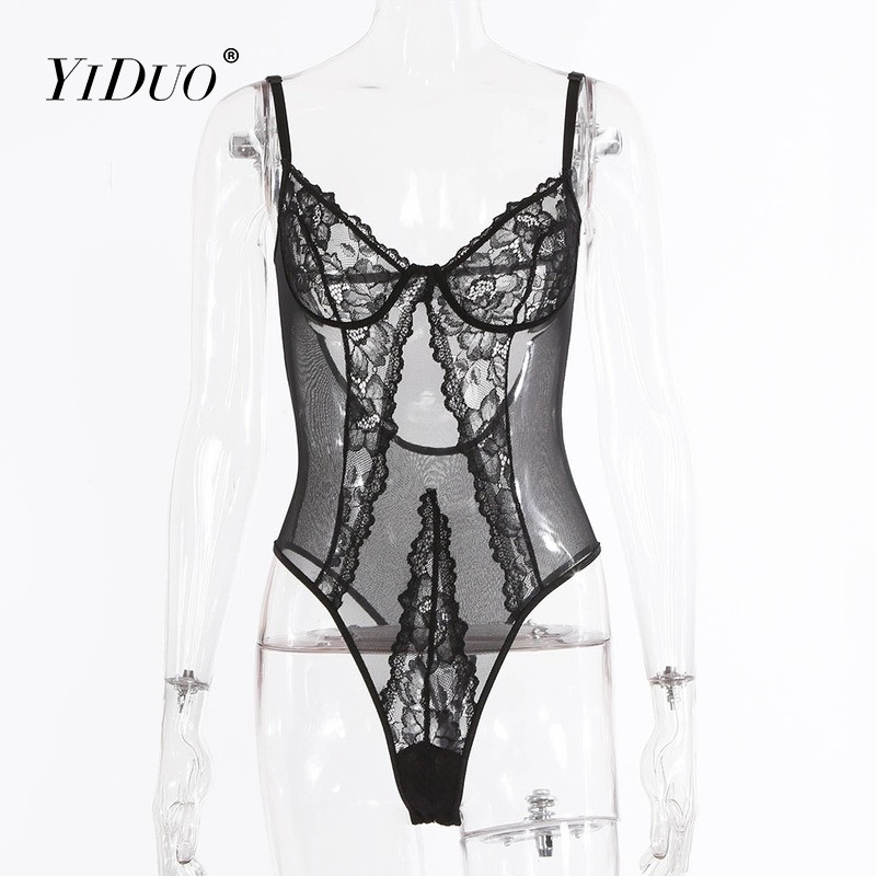 YiDuo 2022, topuri bodycon pentru femei, fără spate, îmbrăcăminte de club, body negru din plasă din dantelă, subțire, cu decolteu în V, body sexy pentru femei
