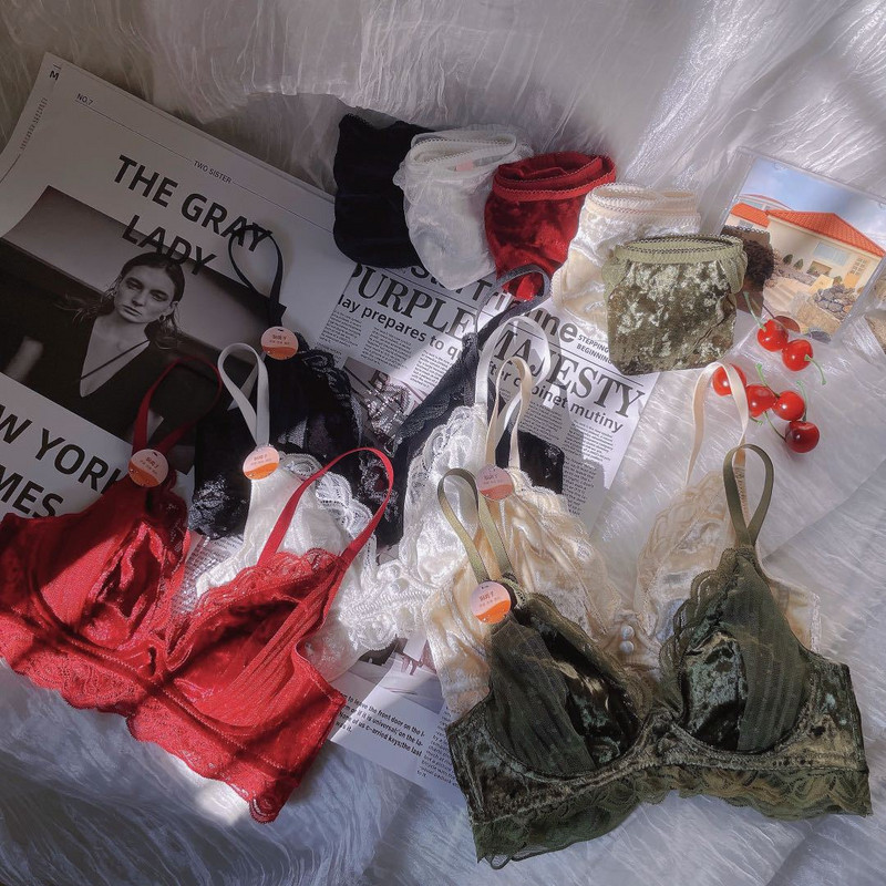 Lenjerie de lenjerie cu ceașcă de cristal ultra-subțire retro chiloți costum lenjerie de corp din catifea anti-loc sexy fără inel de oțel set de sutien confortabil