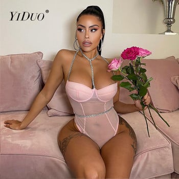 YiDuo Black Pink Sexy Diamond Beading Chain Halter Lace Bodysuit Дамско боди без ръкави See Through Мрежесто боди с кости