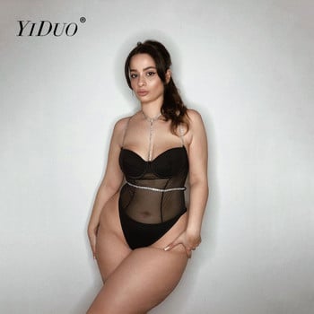 YiDuo Black Pink Sexy Diamond Beading Chain Halter Lace Bodysuit Дамско боди без ръкави See Through Мрежесто боди с кости