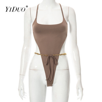 YiDuo Women 2022 Sexy Spaghetti Strap Summer Beach Body Top Body Body Outlater Bandage Bodysuits With Metal Verint Belted Shell