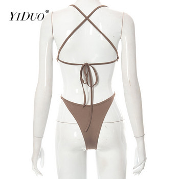 YiDuo Women 2022 Sexy Spaghetti Strap Summer Beach Body Top Body Body Outlater Bandage Bodysuits With Metal Verint Belted Shell