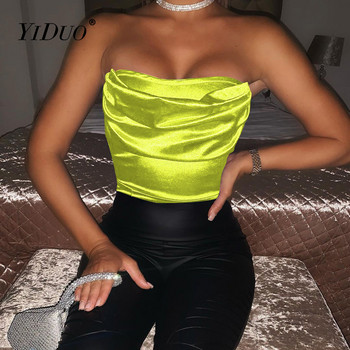 YiDuo Satin Σέξι Γυναικείο Κορμάκι Μαύρο Ροζ Πράσινο Στράπλες Streetwear Party Clubwear 2021 Summer Slim Ruched Rompers Bodysuits