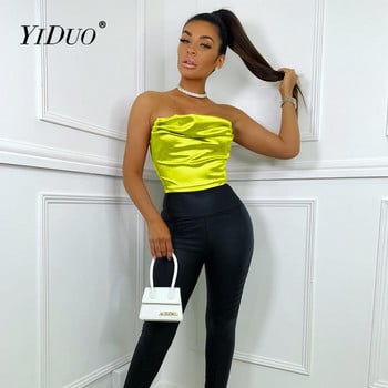 YiDuo Satin Σέξι Γυναικείο Κορμάκι Μαύρο Ροζ Πράσινο Στράπλες Streetwear Party Clubwear 2021 Summer Slim Ruched Rompers Bodysuits