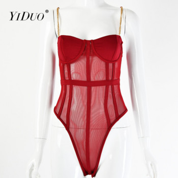YiDuo 2021 Γυναικείες μεταλλικές αλυσίδες λουράκια εξώπλατες κορμάκια Σέξι κορμάκι με κομμένα ολόσωμη φόρμα Fashion Club Party Σατέν κορμάκι Μαύρο κόκκινο