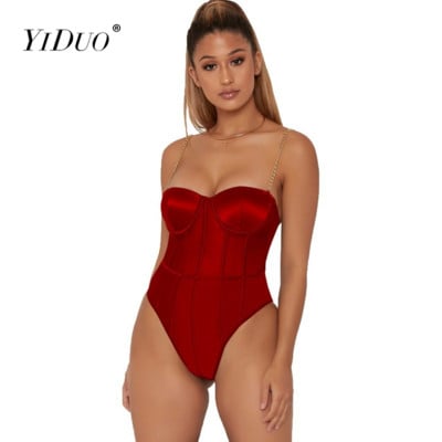 YiDuo 2021 pentru femei, cu bretele din lanț metalic, body fără spate, sexy, bodycon, decupată, la modă, la club, la petrecere, top de corp din satin, negru roșu