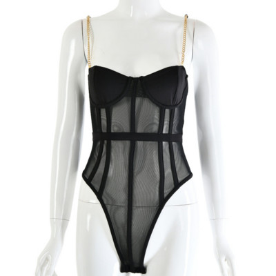 YiDuo 2021 Γυναικείες μεταλλικές αλυσίδες λουράκια εξώπλατες κορμάκια Σέξι κορμάκι με κομμένα ολόσωμη φόρμα Fashion Club Party Σατέν κορμάκι Μαύρο κόκκινο