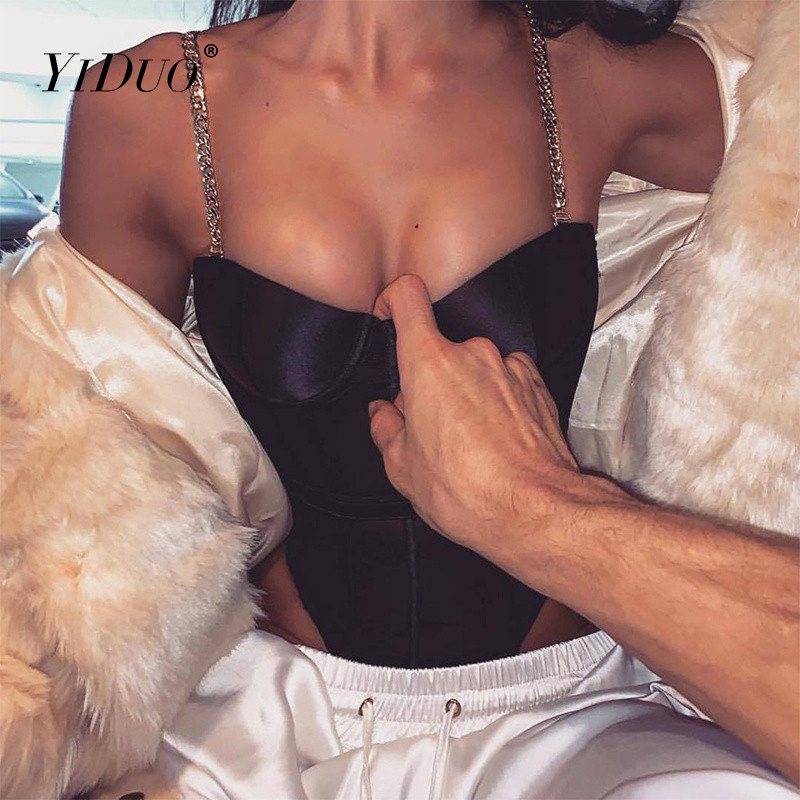 YiDuo 2021 Γυναικείες μεταλλικές αλυσίδες λουράκια εξώπλατες κορμάκια Σέξι κορμάκι με κομμένα ολόσωμη φόρμα Fashion Club Party Σατέν κορμάκι Μαύρο κόκκινο