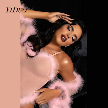 YiDuo Sensual Lingerie Bodysuit Women Erotic Transparent Mesh Feather Sexy Body Top Catsuit Clubwear Skinny Bodydoll Black Pink