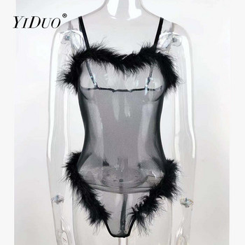 YiDuo Sensual Lingerie Bodysuit Women Erotic Transparent Mesh Feather Sexy Body Top Catsuit Clubwear Skinny Bodydoll Black Pink