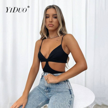 YiDuo Дамско модно лятно едноцветно боди без ръкави с V-образно деколте Изрязано секси боди 2021 г. Женско улично боди Club