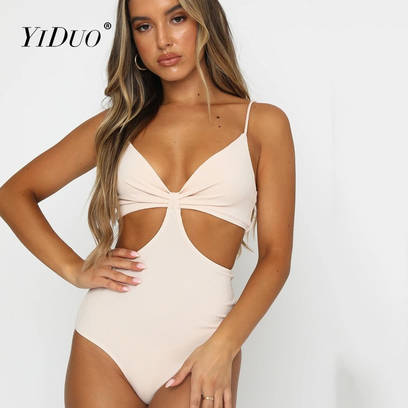 YiDuo, la modă pentru femei, de vară, fără mâneci, de culoare solidă, topuri bodycon, cu decolteu în V, decupate, sexy, body 2021 pentru femei, de club