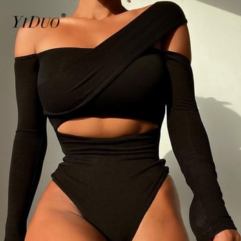 YiDuo One Shoulder Sexy Fashion Bandage Bodysuit Γυναικεία Basic Bodycon μπλούζες Skinny Cut Out Μακρυμάνικο Body Rompers Club Party