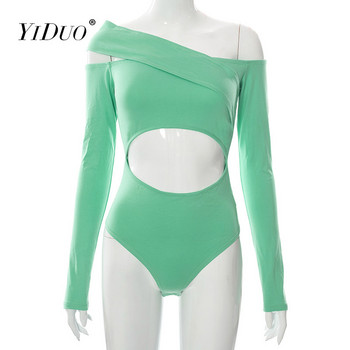 YiDuo One Shoulder Sexy Fashion Bandage Bodysuit Γυναικεία Basic Bodycon μπλούζες Skinny Cut Out Μακρυμάνικο Body Rompers Club Party