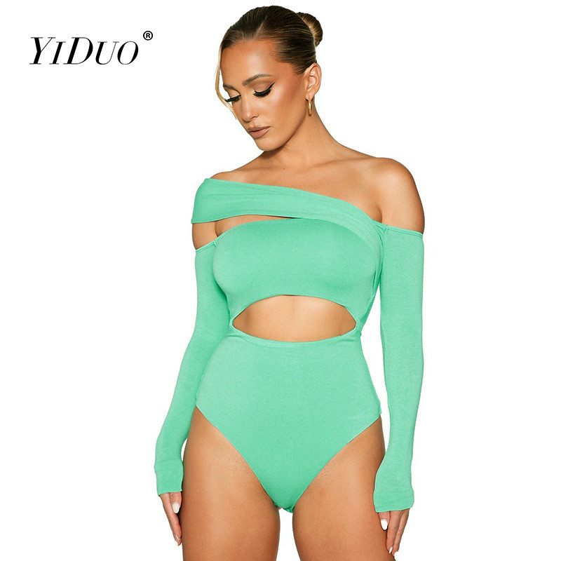 YiDuo Body cu bandaj de modă sexy pe un umăr pentru femei Topuri bodycon de bază Skinny Decupate cu mânecă lungă Salopete de corp pentru petrecere în club