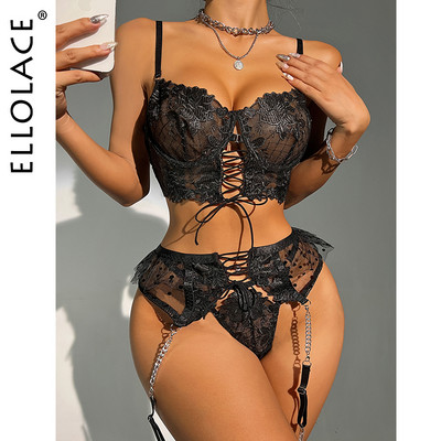 Ellolace Fancy Lenjerie Lenjerie intimă de lux Jartiere cu șireturi Seturi exotice 3 piese Costum fantezie sexy Tanga Negru Floral Intim
