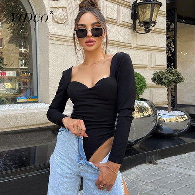 YiDuo Solid pikkade varrukatega Seksikas seljata elegantne Body Naiste Basic Bodycon Body Tops Skinny Rompers Mustad Bodysuits Club Party