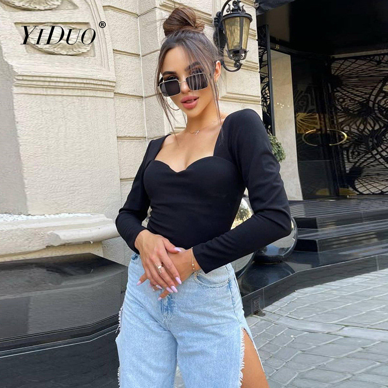 YiDuo Body cu mânecă lungă, sexy, fără spate, elegant, pentru femei, de bază, cu corp, cu corp de topuri, salopete slabe, body negre, pentru petrecere în club