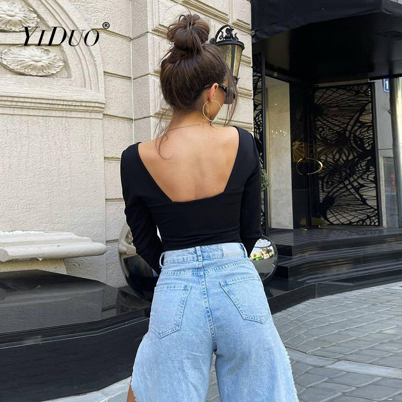 YiDuo Body cu mânecă lungă, sexy, fără spate, elegant, pentru femei, de bază, cu corp, cu corp de topuri, salopete slabe, body negre, pentru petrecere în club