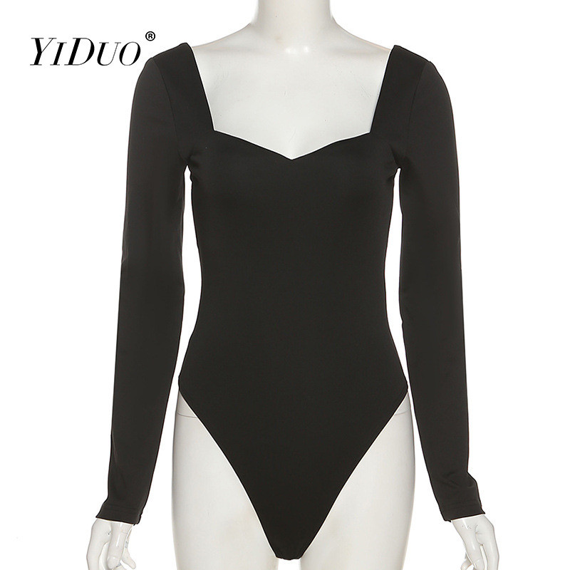 YiDuo Body cu mânecă lungă, sexy, fără spate, elegant, pentru femei, de bază, cu corp, cu corp de topuri, salopete slabe, body negre, pentru petrecere în club