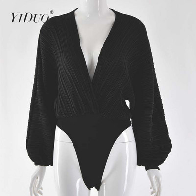 Body vintage YiDuo, cu decolteu în V adânc, mozaic, cu mânecă lanternă, pentru fitness, sexy, pentru petrecere, toamnă iarna 2019, body casual