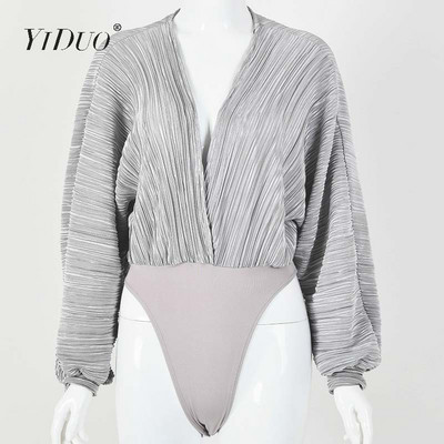 Body vintage YiDuo, cu decolteu în V adânc, mozaic, cu mânecă lanternă, pentru fitness, sexy, pentru petrecere, toamnă iarna 2019, body casual