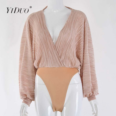 Body vintage YiDuo, cu decolteu în V adânc, mozaic, cu mânecă lanternă, pentru fitness, sexy, pentru petrecere, toamnă iarna 2019, body casual