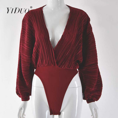 Body vintage YiDuo, cu decolteu în V adânc, mozaic, cu mânecă lanternă, pentru fitness, sexy, pentru petrecere, toamnă iarna 2019, body casual