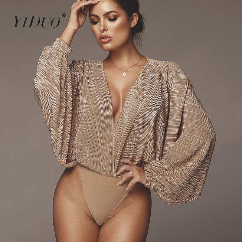 Body vintage YiDuo, cu decolteu în V adânc, mozaic, cu mânecă lanternă, pentru fitness, sexy, pentru petrecere, toamnă iarna 2019, body casual